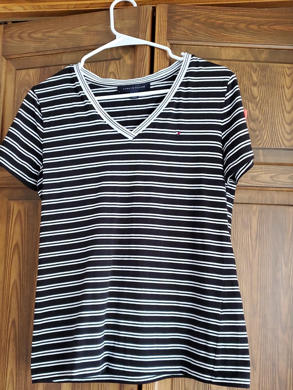 Tommy Hilfiger Black and White Striped V‑Neck Short Sleeve Tee